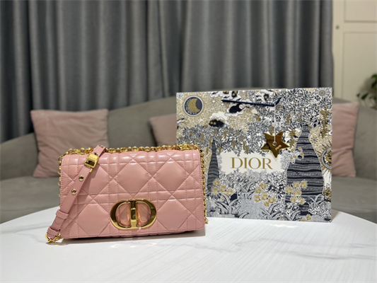 CD Medium Di.or Caro Bag Quilted Macrocannage Calfskin Gold Tone Metal Pink