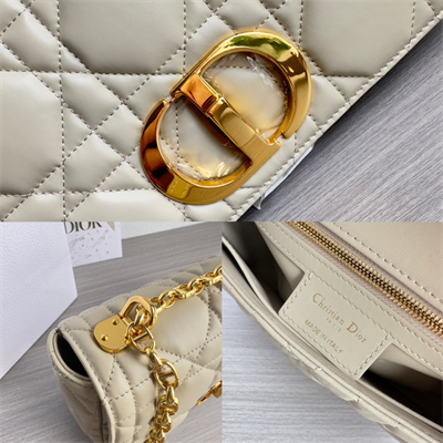 CD Medium Di.or Caro Bag Quilted Macrocannage Calfskin Gold Tone Metal Beige
