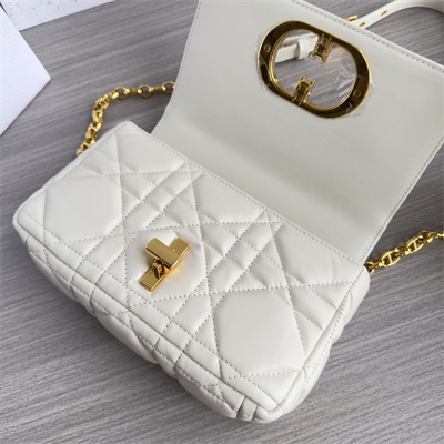 CD Small Di.or Caro Bag Quilted Macrocannage Calfskin Gold Tone Metal White