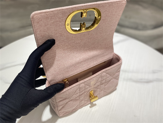CD Small Di.or Caro Bag Macrocannage Linen Gold Tone Metal Rose Pink