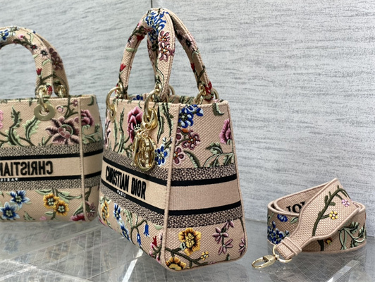 CD Medium Lady Di.or D-Lite Bag Petites Fleurs Embroidery Beige