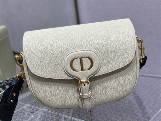CD Large Di.or Bobby Bag White Grained Calfskin With Blue Di.or Oblique Emb Shoulder Strap