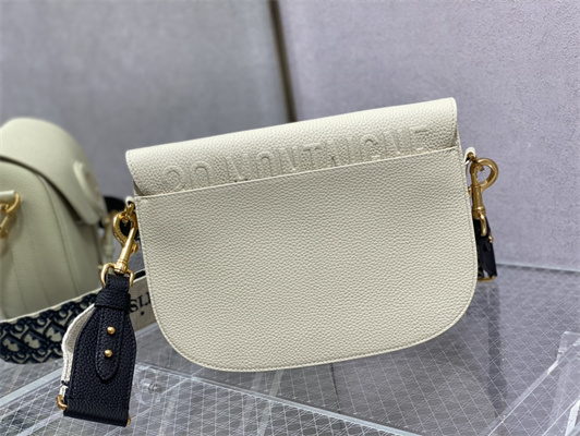 CD Large Di.or Bobby Bag White Grained Calfskin With Blue Di.or Oblique Emb Shoulder Strap