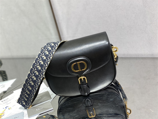 CD Large Di.or Bobby Bag Black Box Calfskin With Blue Di.or Oblique Emb Shoulder Strap