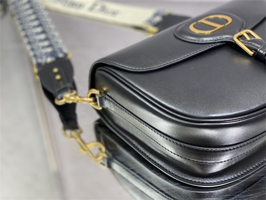 CD Large Di.or Bobby Bag Black Box Calfskin With Blue Di.or Oblique Emb Shoulder Strap