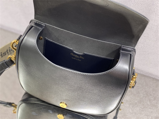 CD Large Di.or Bobby Bag Black Box Calfskin With Blue Di.or Oblique Emb Shoulder Strap