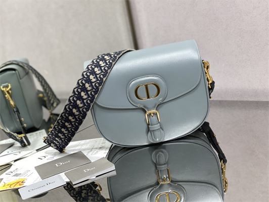 CD Large Di.or Bobby Bag Blue Box Calfskin With Blue Di.or Oblique Emb Shoulder Strap