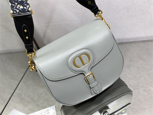 CD Large Di.or Bobby Bag Stone Grey Box Calfskin With Blue Di.or Oblique Emb Shoulder Strap