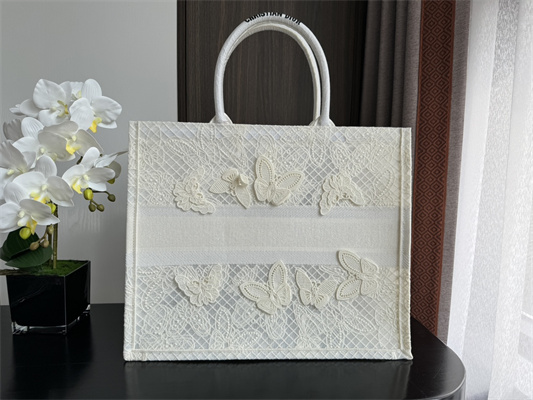 CD Large Book Tote White D-Lace Butterfly Embroidery With Macrame Effect