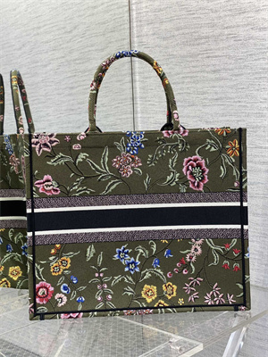 CD Large Book Tote Petites Fleurs Embroidery Kaki Green Multicolor