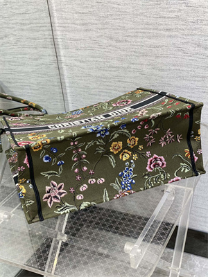 CD Large Book Tote Petites Fleurs Embroidery Kaki Green Multicolor