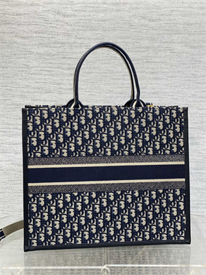 CD Large Book Tote With Strap Ecru and Blue Oblique Embroidery