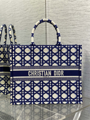 CD Large Book Tote Beige and Blue Macrocannage Embroidery