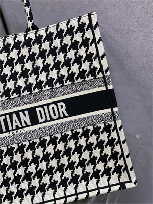 CD Large Book Tote Macro Houndstooth Embroidery Black and White
