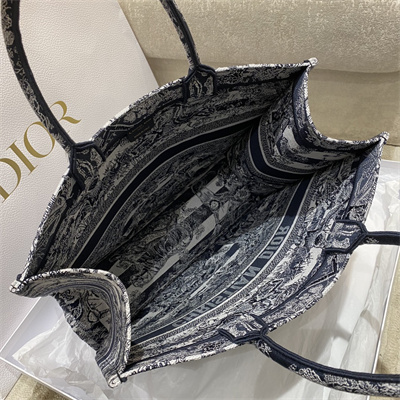 CD Large Book Tote Stripes Toile de Jouy Embroidery Ecru and Blue