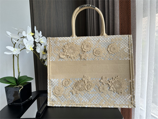 CD Large Book Tote Beige D-Lace Flowers Embroidery With Macrame Effect