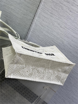 CD Medium Book Tote White D-Lace Butterfly Embroidery With Macrame Effect