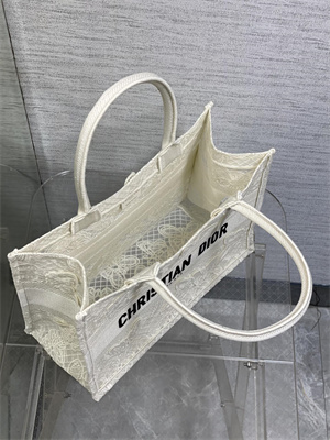 CD Medium Book Tote White D-Lace Butterfly Embroidery With Macrame Effect