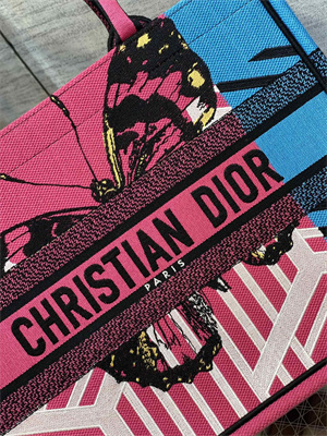 CD Medium Book Tote D-Jungle Pop Embroidery Pink and Blue