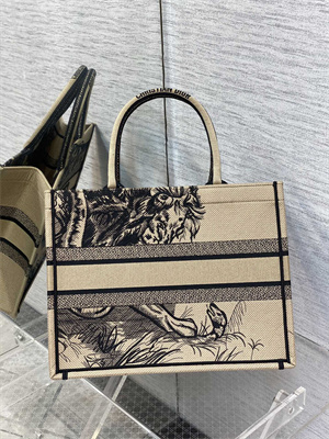 CD Medium Book Tote Jute Canvas Embroidery With Tiger