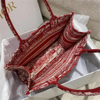 CD Medium Book Tote Stripes Toile de Jouy Embroidery White and Red