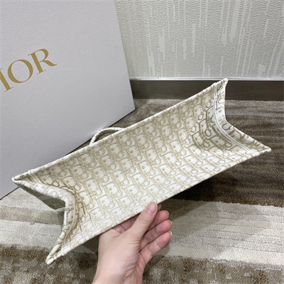 CD Medium Book Tote White and Gold Tone Oblique Embroidery