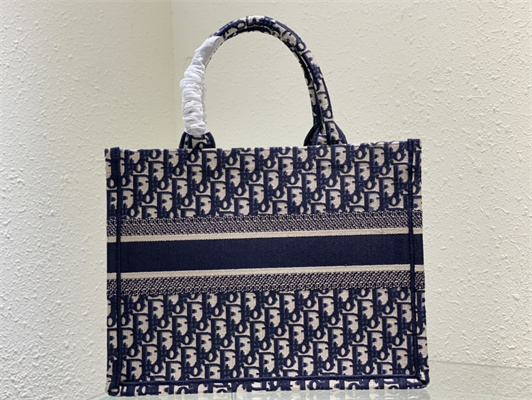 CD Medium Book Tote Ecru and Blue Oblique Embroidery