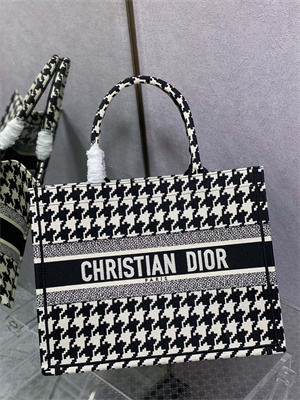 CD Medium Book Tote Macro Houndstooth Embroidery Black and White