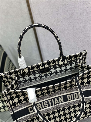 CD Medium Book Tote Macro Houndstooth Embroidery Black and White