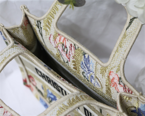 CD Mini Book Tote Hibiscus Embroidery Beige Multicolor