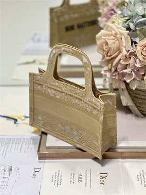 CD Mini Book Tote Beige D-Lace Embroidery With Macrame Effect
