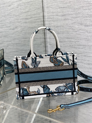 CD Mini Book Tote With Strap Toile de Jouy Mexico Embroidery White and Pastel Midnigiht Blue