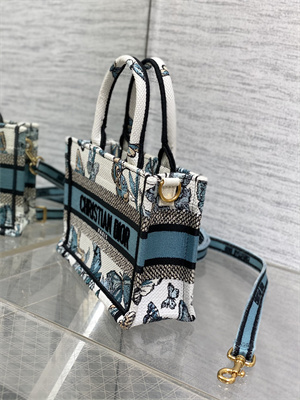 CD Mini Book Tote With Strap Toile de Jouy Mexico Embroidery White and Pastel Midnigiht Blue