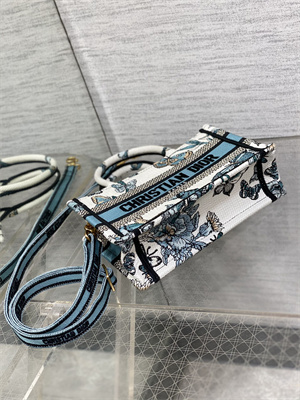 CD Mini Book Tote With Strap Toile de Jouy Mexico Embroidery White and Pastel Midnigiht Blue