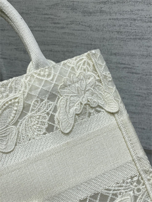 CD Small Book Tote White D-Lace Butterfly Embroidery With Macrame Effect