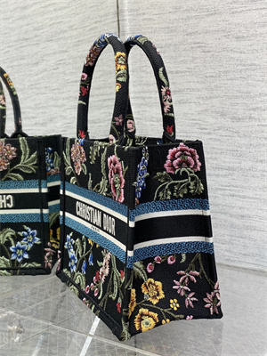 CD Small Book Tote Petites Fleurs Embroidery Black Multicolor