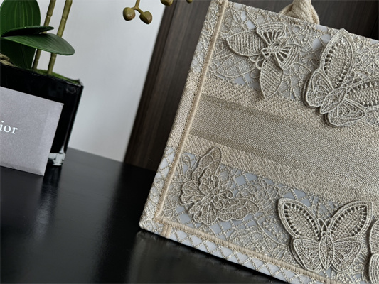 CD Small Book Tote Beige D-Lace Butterfly Embroidery With Macrame Effect