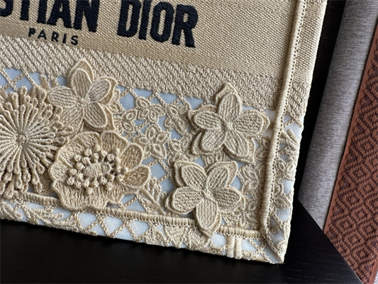 CD Small Book Tote Beige D-Lace Flowers Embroidery With Macrame Effect