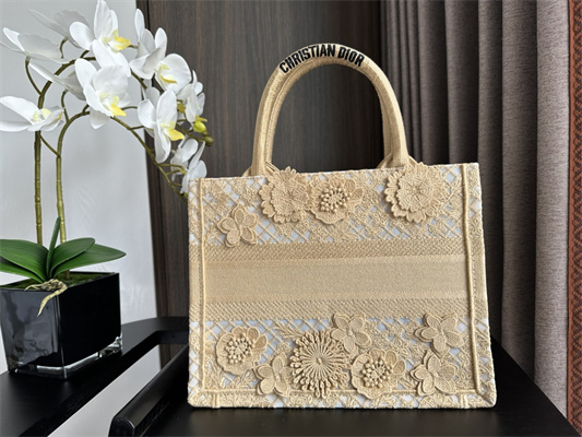 CD Small Book Tote Beige D-Lace Flowers Embroidery With Macrame Effect