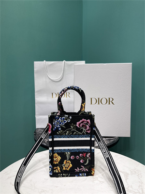 CD Mini Vertical Di.or Book Tote With Strap Petites Fleurs Embroidery Black Multicolor