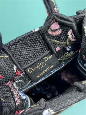 CD Mini Vertical Di.or Book Tote With Strap Petites Fleurs Embroidery Black Multicolor