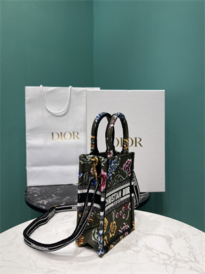 CD Mini Vertical Di.or Book Tote With Strap Petites Fleurs Embroidery Kaki Green Multicolor