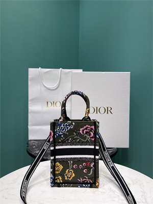 CD Mini Vertical Di.or Book Tote With Strap Petites Fleurs Embroidery Kaki Green Multicolor