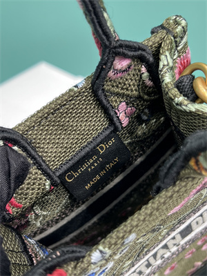 CD Mini Vertical Di.or Book Tote With Strap Petites Fleurs Embroidery Kaki Green Multicolor