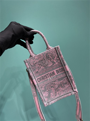 CD Mini Vertical Di.or Book Tote With Strap Toile de Jouy Embroidery Grey and Pink