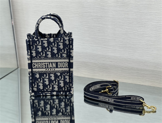 CD Mini Vertical Di.or Book Tote With Strap Blue Oblique Embroidery