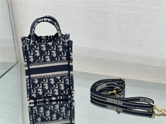 CD Mini Vertical Di.or Book Tote With Strap Blue Oblique Embroidery