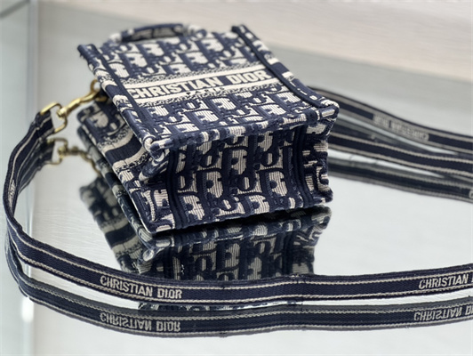 CD Mini Vertical Di.or Book Tote With Strap Blue Oblique Embroidery