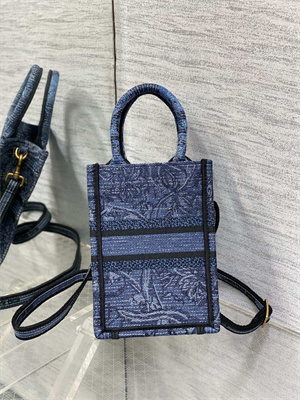 CD Mini Vertical Di.or Book Tote With Strap Toile de Jouy Embroidery Denim Blue