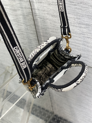 CD Mini Vertical Di.or Book Tote With Strap Voyage Toile de Jouy Embroidery White and Black